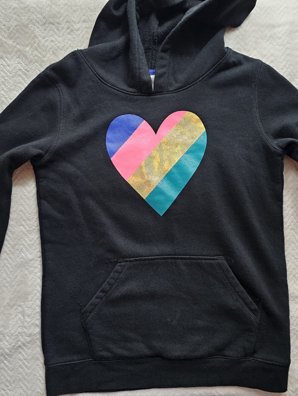 Cat & Jack Black Hoodie Girls 10/12 L Sweater with Multicolor Striped Heart NWOT